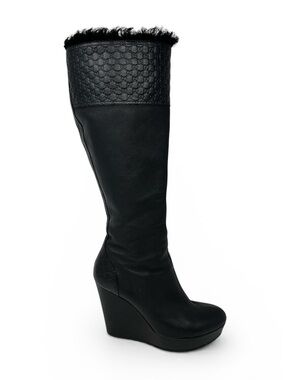 Gucci GG Logo Monogram Knee High Wedge Platform Boots Heels Black Leather 39 9
